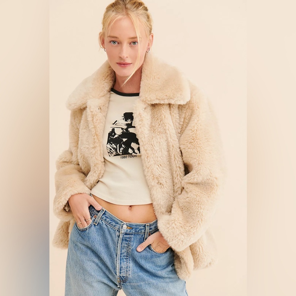 Free People Pretty Perfect Faux Fur Pea Coat Cream Tan Size Large
